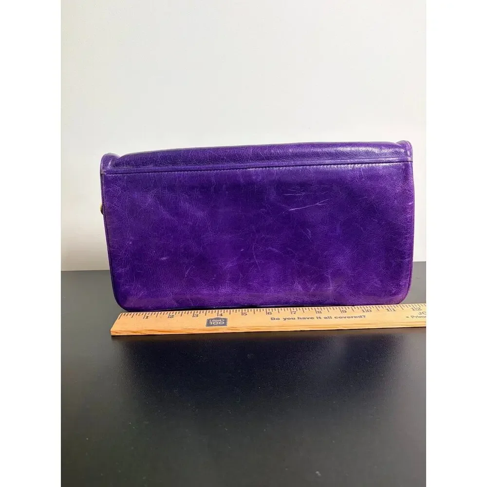 Tory Burch Bombe Reva Purple Leather Clutch Crossbody Bag Gold Chain Strap Logo